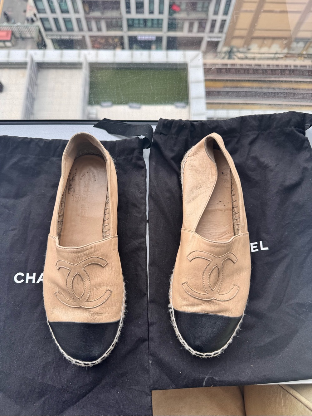 CHANEL Beige Leather Espadrilles with Black Cap Toe